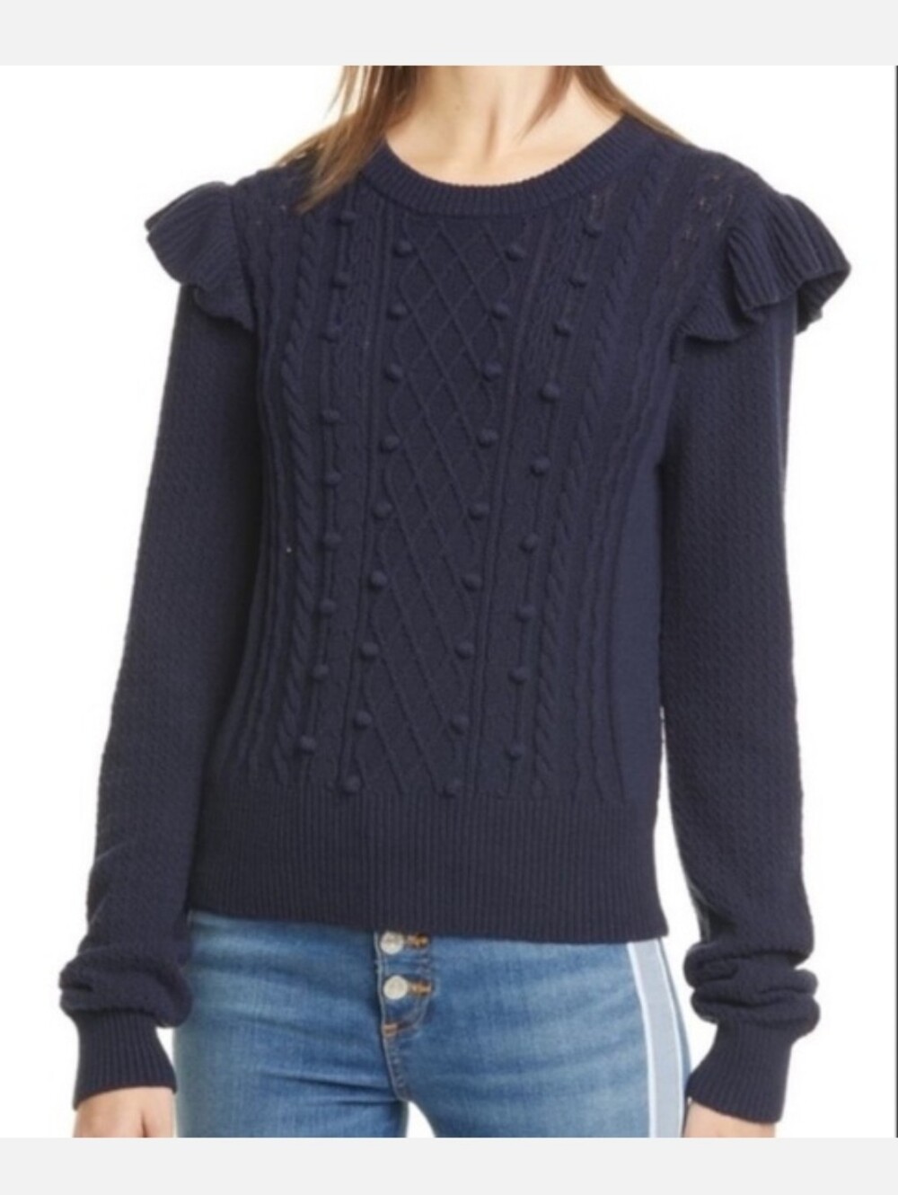 Veronica Beard Earl Crew Neck Cabke Knit Sweater In Navy